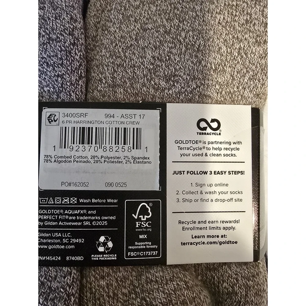 GOLDTOE Harrington Crew Socks Mens Shoe Size 6.5-12 Gray Black 6 Pairs 3400S